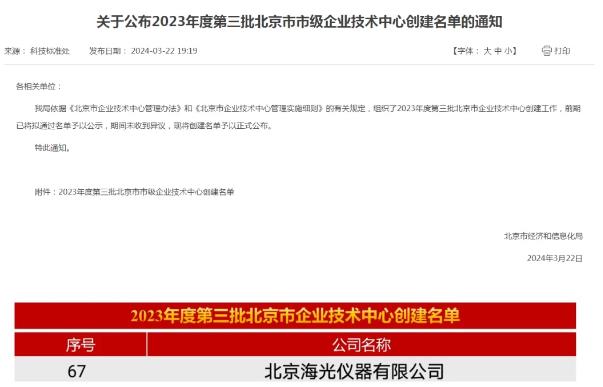 北京海光儀器有限公司榮獲“北京市企業(yè)技術(shù)中心”稱號